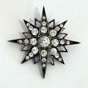 Vintage Mid Century Modern Sterling Silver 925 Rhinestone Starburst Star Brooch